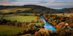 Aerial view of the River Wye, bordered by trees, with the red metal Duke of Beaufort bridge and the old Monmouth viaduct. It is surrounded by countryside, fields and hills.